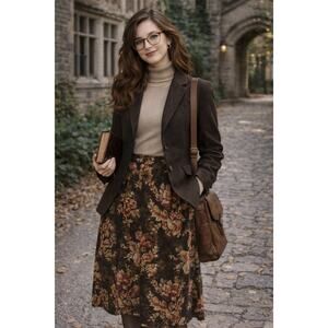 Vtg Dark Academia Brown Floral Rayon Wool Blend Midi Skirt Size 12 NWT 90s